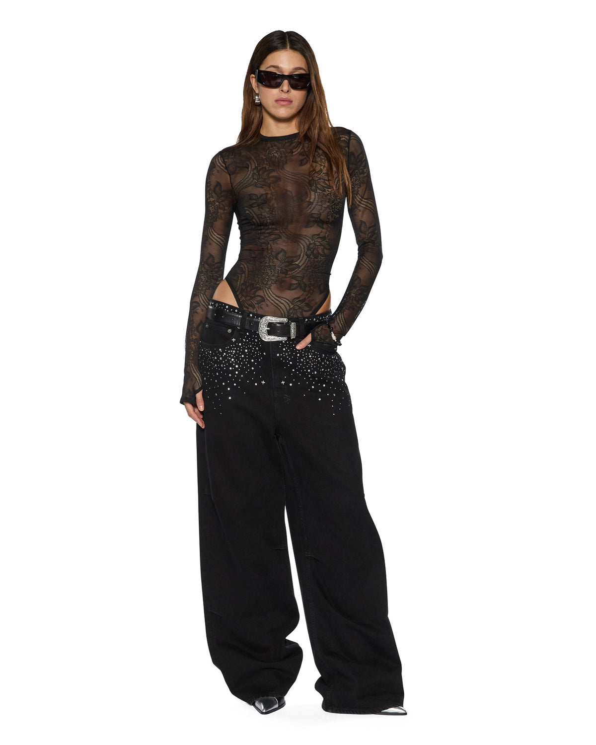 WOMENS ADELE LS BODYSUIT BLACK LACE FASHION TOPS