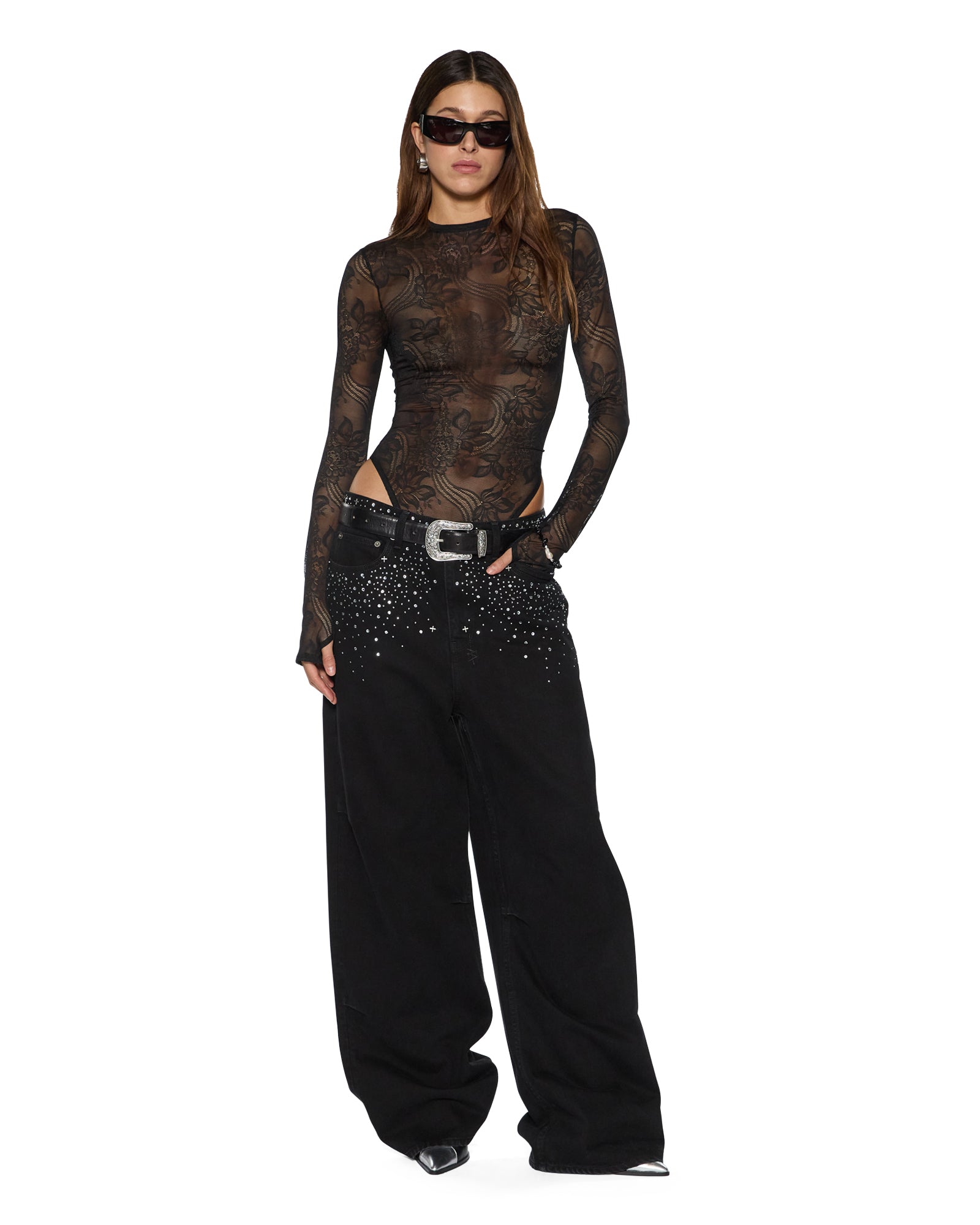 WOMENS ADELE LS BODYSUIT BLACK LACE FITTED FASHION TOPS