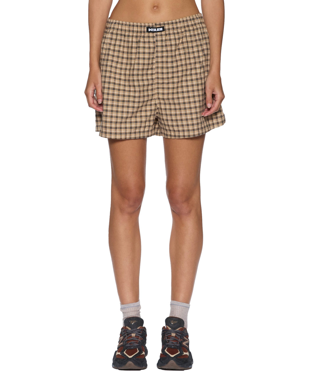 WOMENS BOXER SHORTS TAN PLAID WALKSHORTS