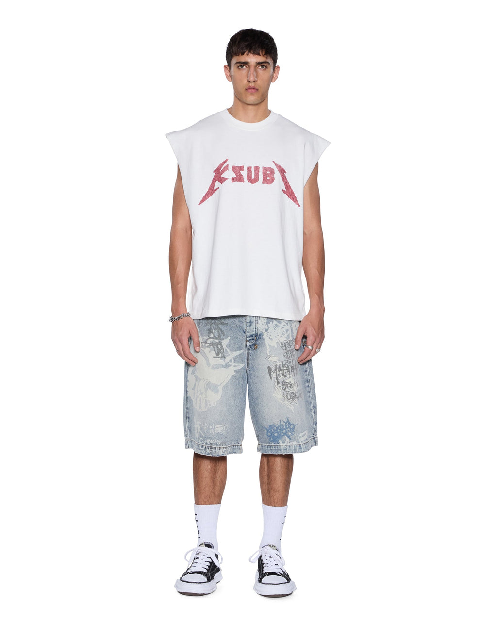 MENS LINE UP EKCESS CUT OFF TEE WHITE/RED TEES