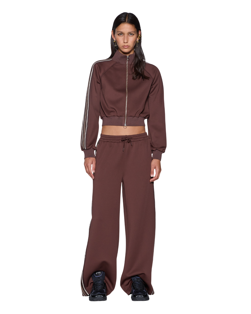 WOMENS CROPPED ZIP TRAK TOP MOCHA FASHION TOPS
