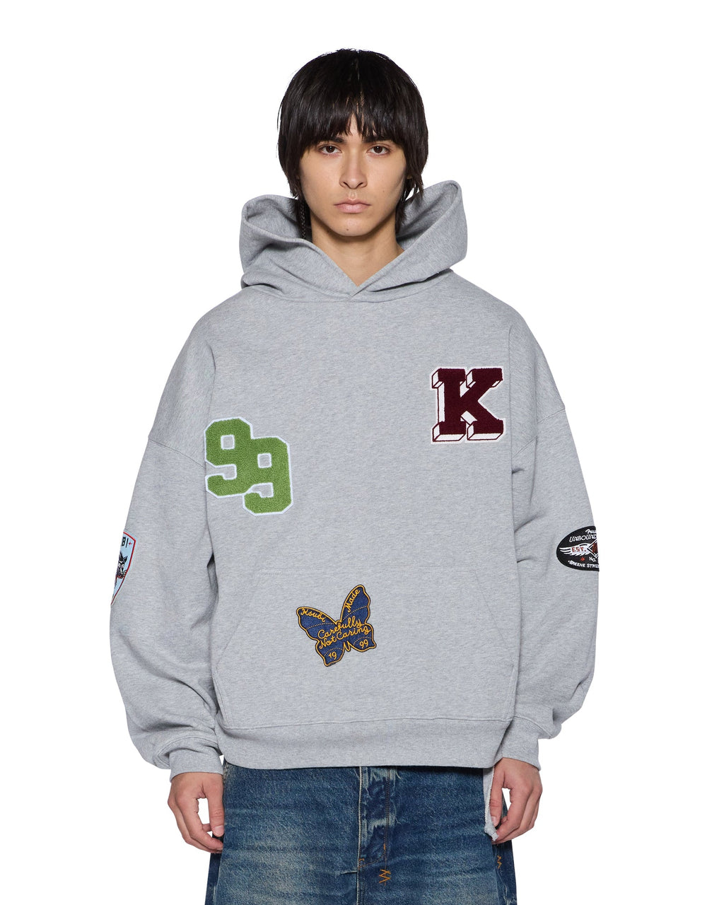 MENS PATCHED EKCESS HOODIE GREY MARLE FLEECE
