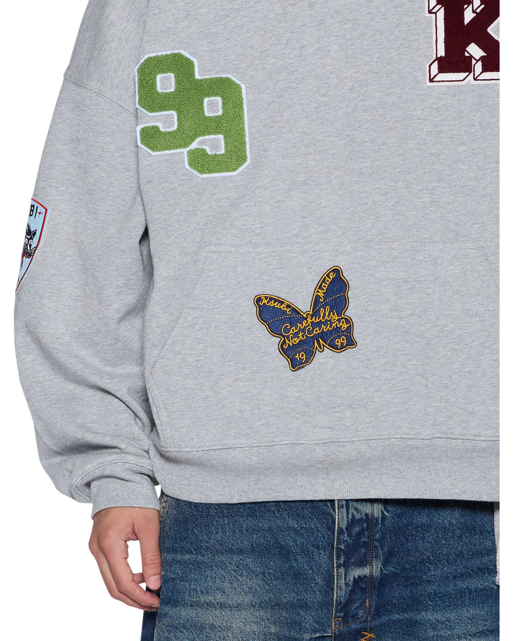 MENS PATCHED EKCESS HOODIE GREY MARLE FLEECE