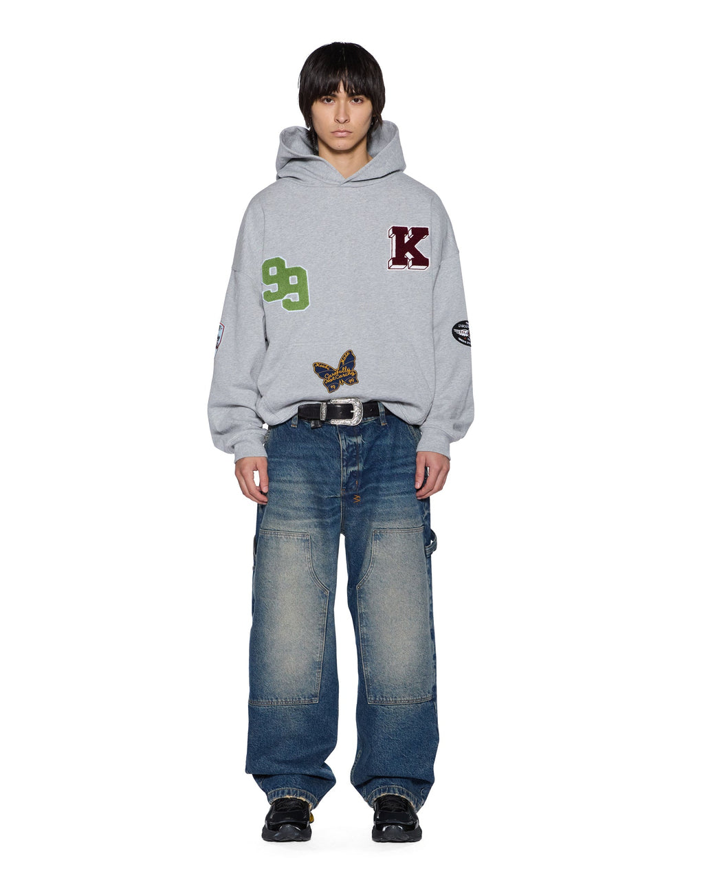 MENS PATCHED EKCESS HOODIE GREY MARLE FLEECE