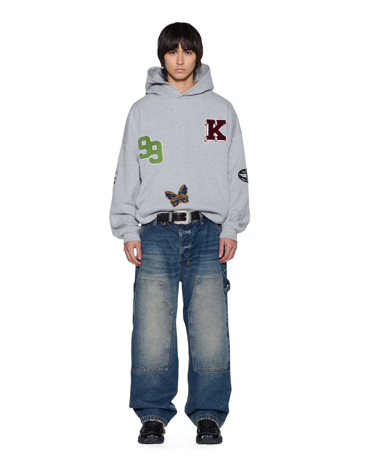 MENS PATCHED EKCESS HOODIE GREY MARLE FLEECE