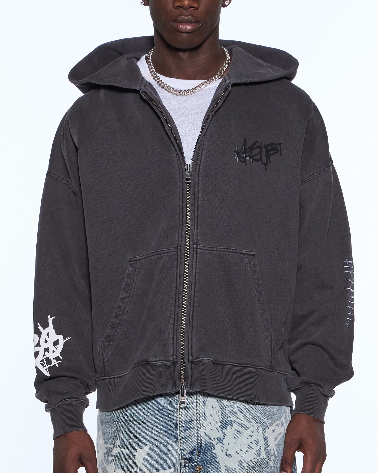 MENS  GRAFF EKCESS ZIP THRU HOODIE FADED BLACK OVERSIZED FLEECE