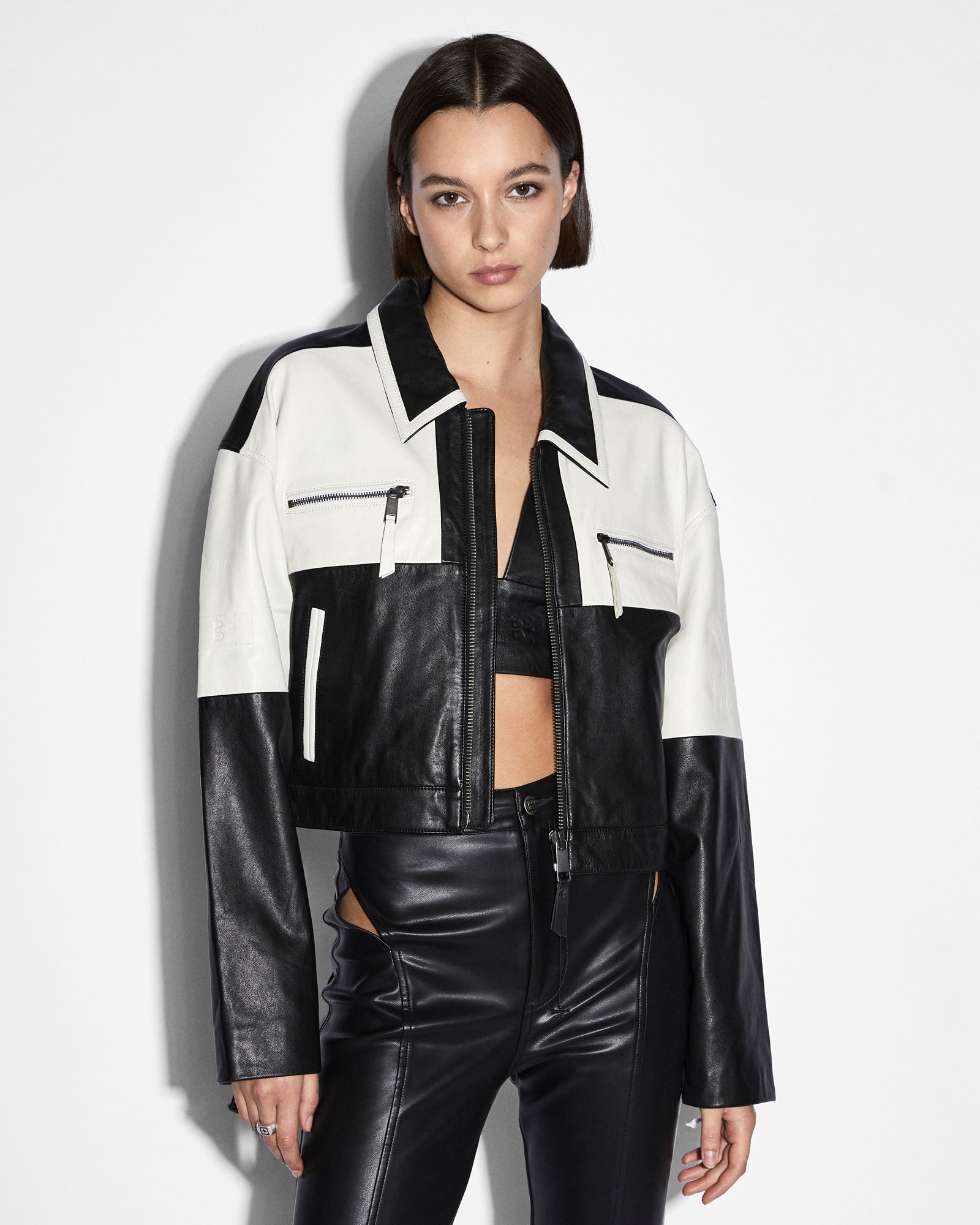 WOMENS  EMBLEM BOXY BIKER BLACK/WHITE BOXY JACKETS