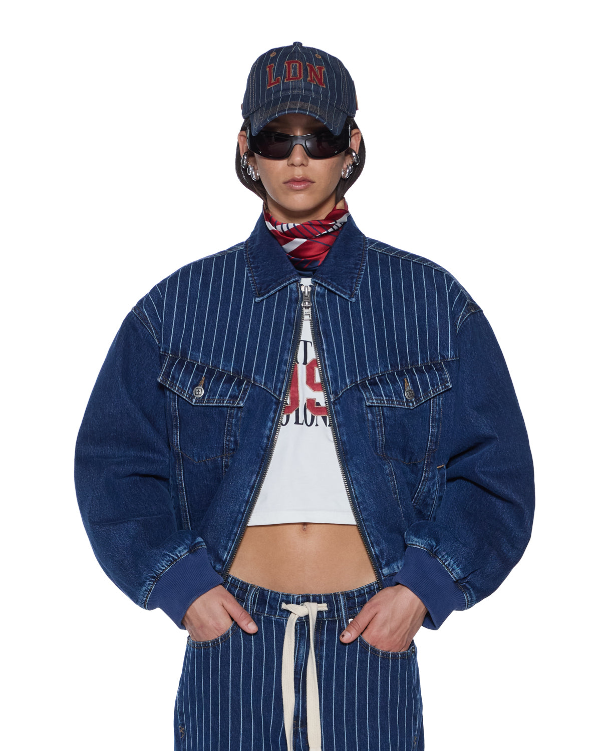 WOMENS  DISTRICT BOMBER MAYFAIR BLUE SPLICED OVERSIZED JACKETS