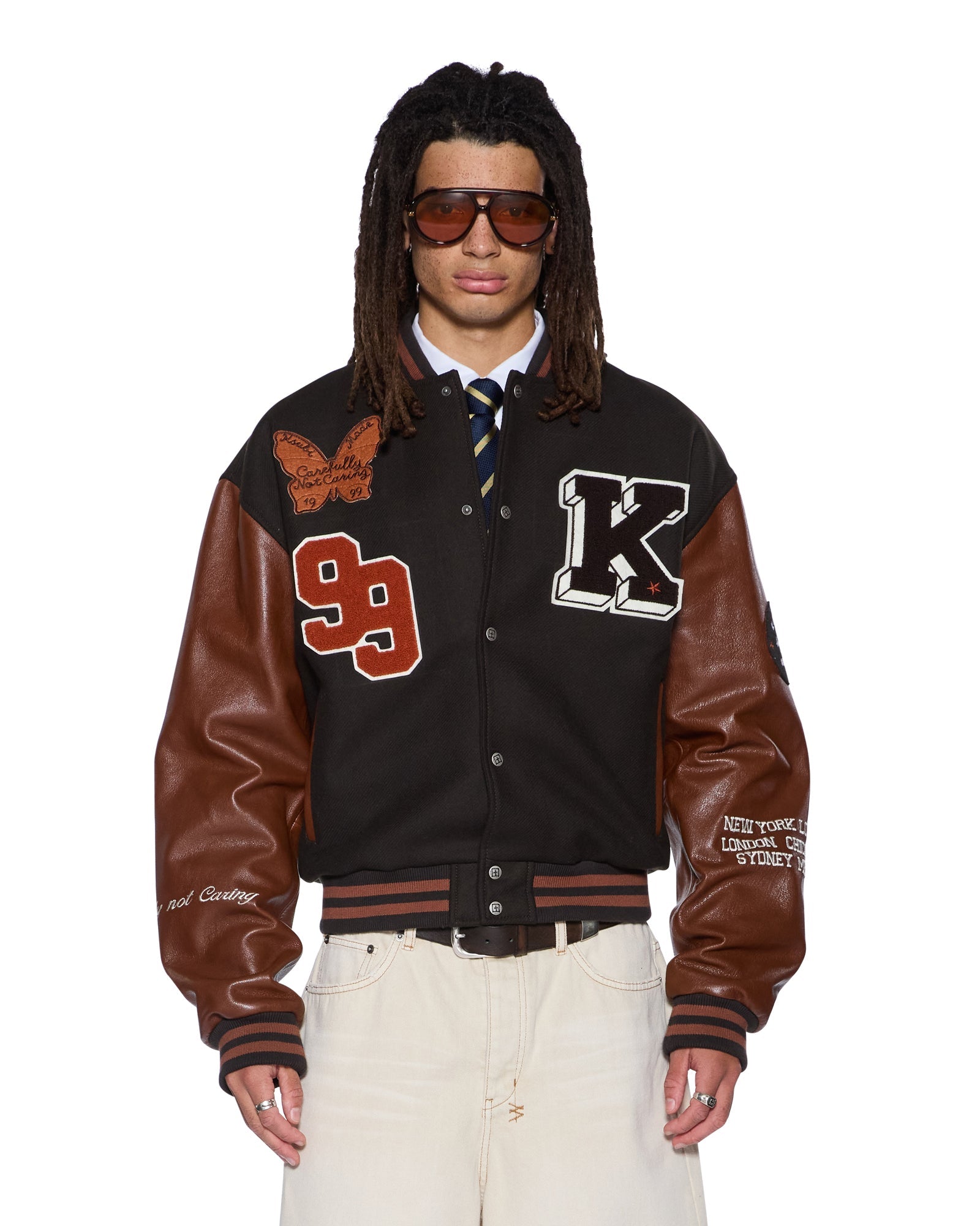 MENS  PATCHED VARSITY JACKET CHOCOLATE REGULAR JACKETS