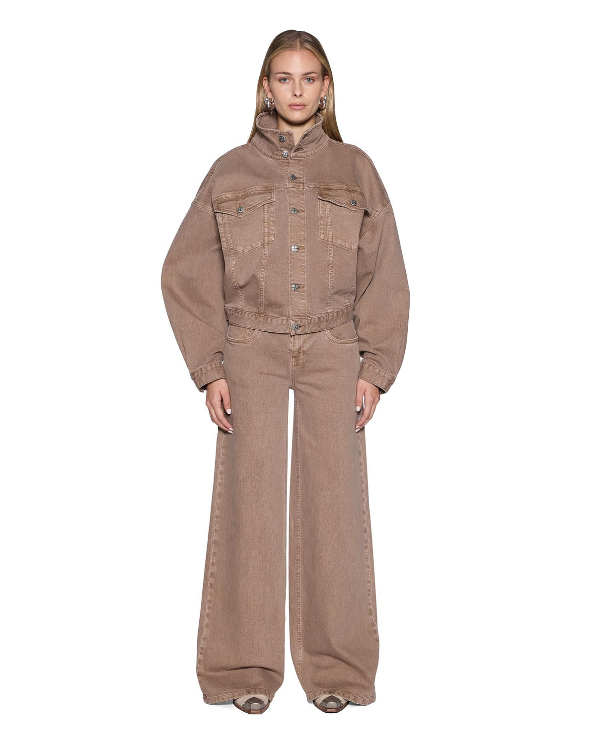 Womens Relax Funnel Neck Trucker Jacket Stone Tan Relaxed Jackets - Beige