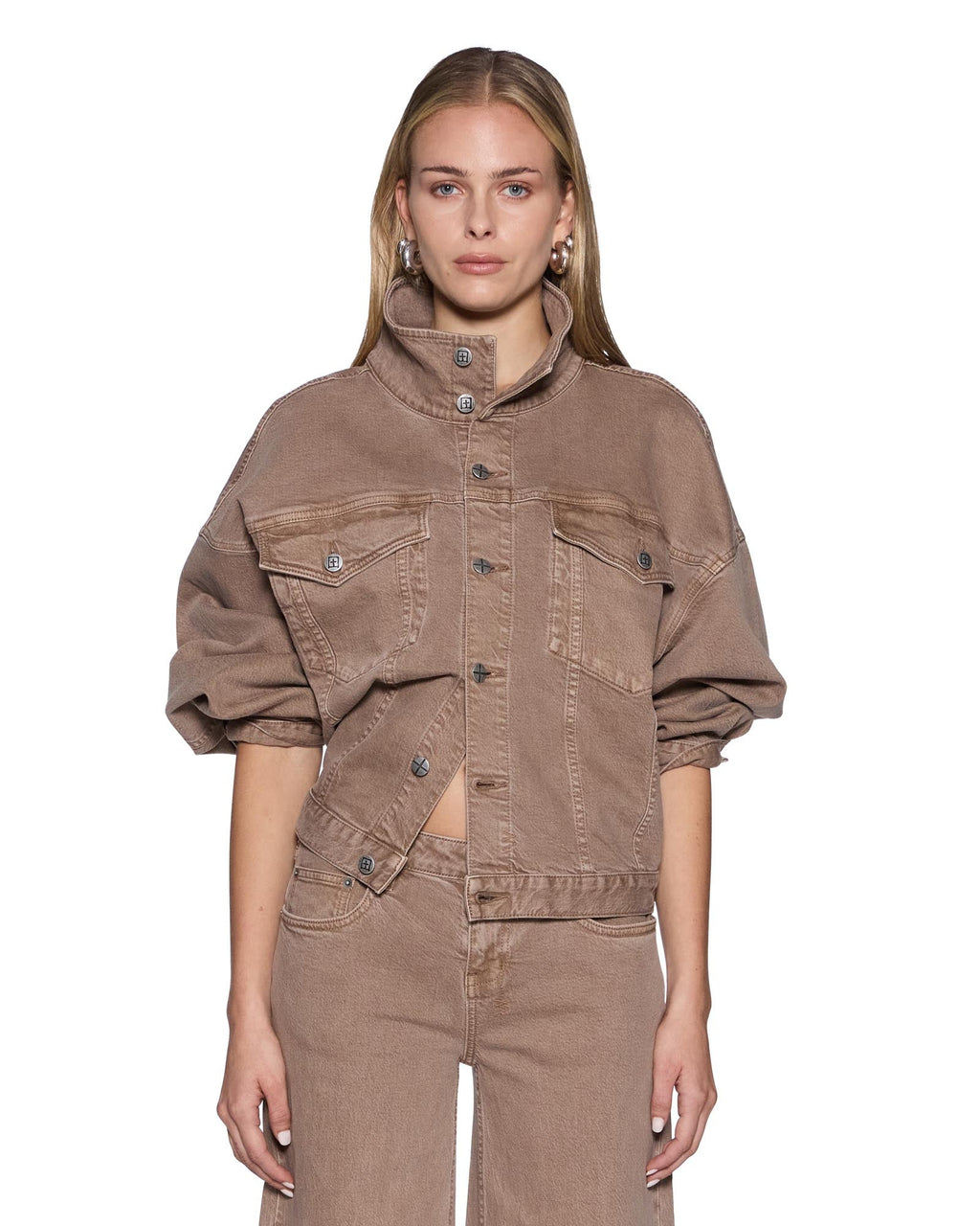 Womens Relax Funnel Neck Trucker Jacket Stone Tan Relaxed Jackets - Beige