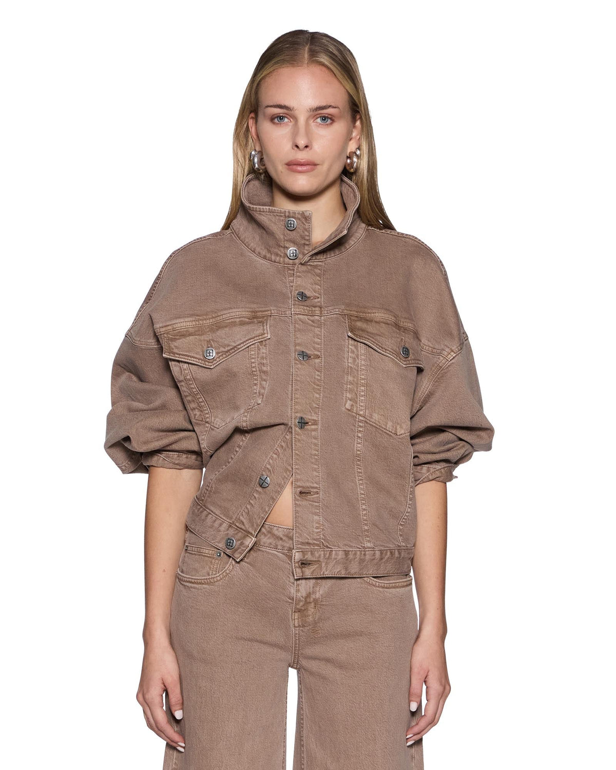 Womens Relax Funnel Neck Trucker Jacket Stone Tan Relaxed Jackets - Beige