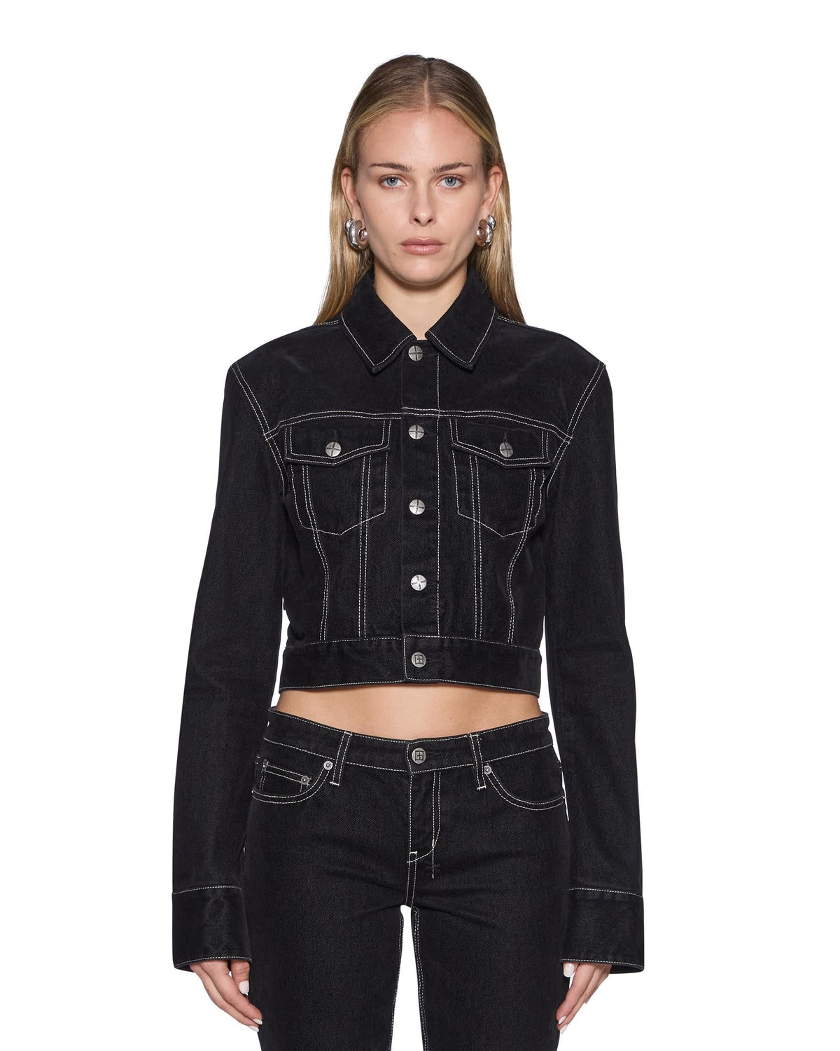 Womens Slim Trucker Flocked Black Slim Jackets - Black
