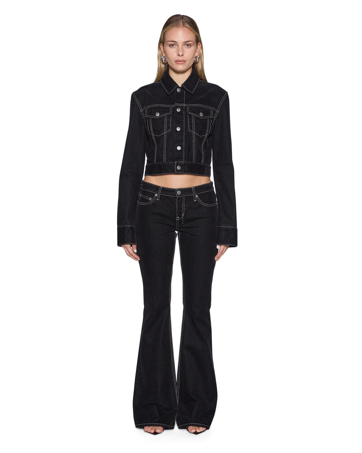 Womens Slim Trucker Flocked Black Slim Jackets - Black