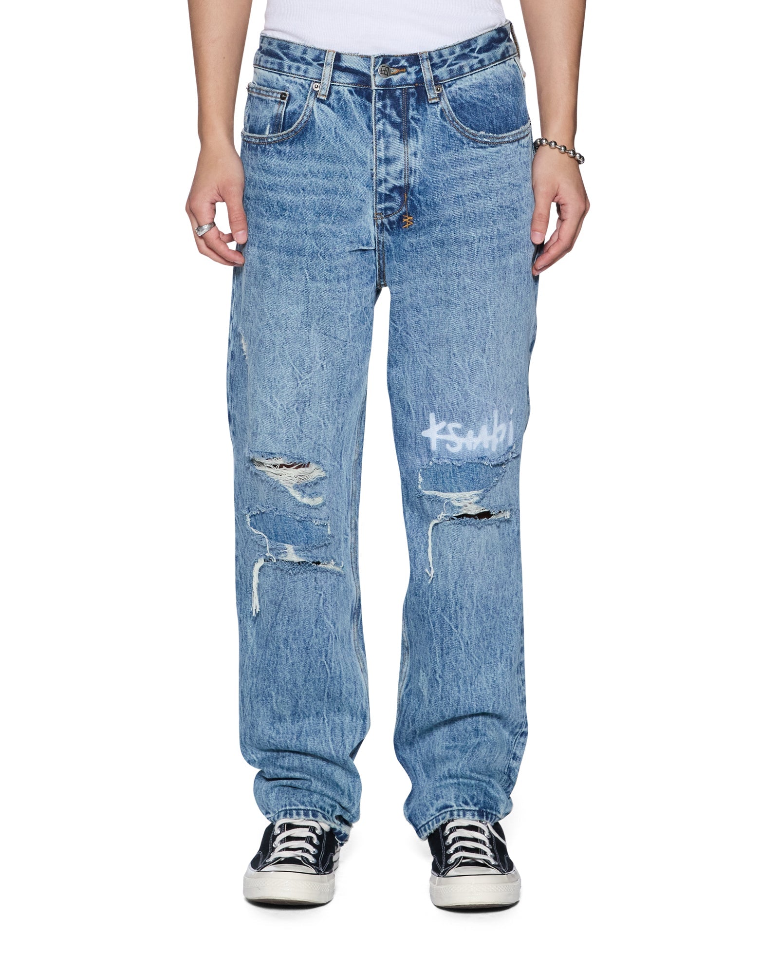 MENS ANTI K PUBLIC BLUE TRASHED 1999 DENIM JEANS