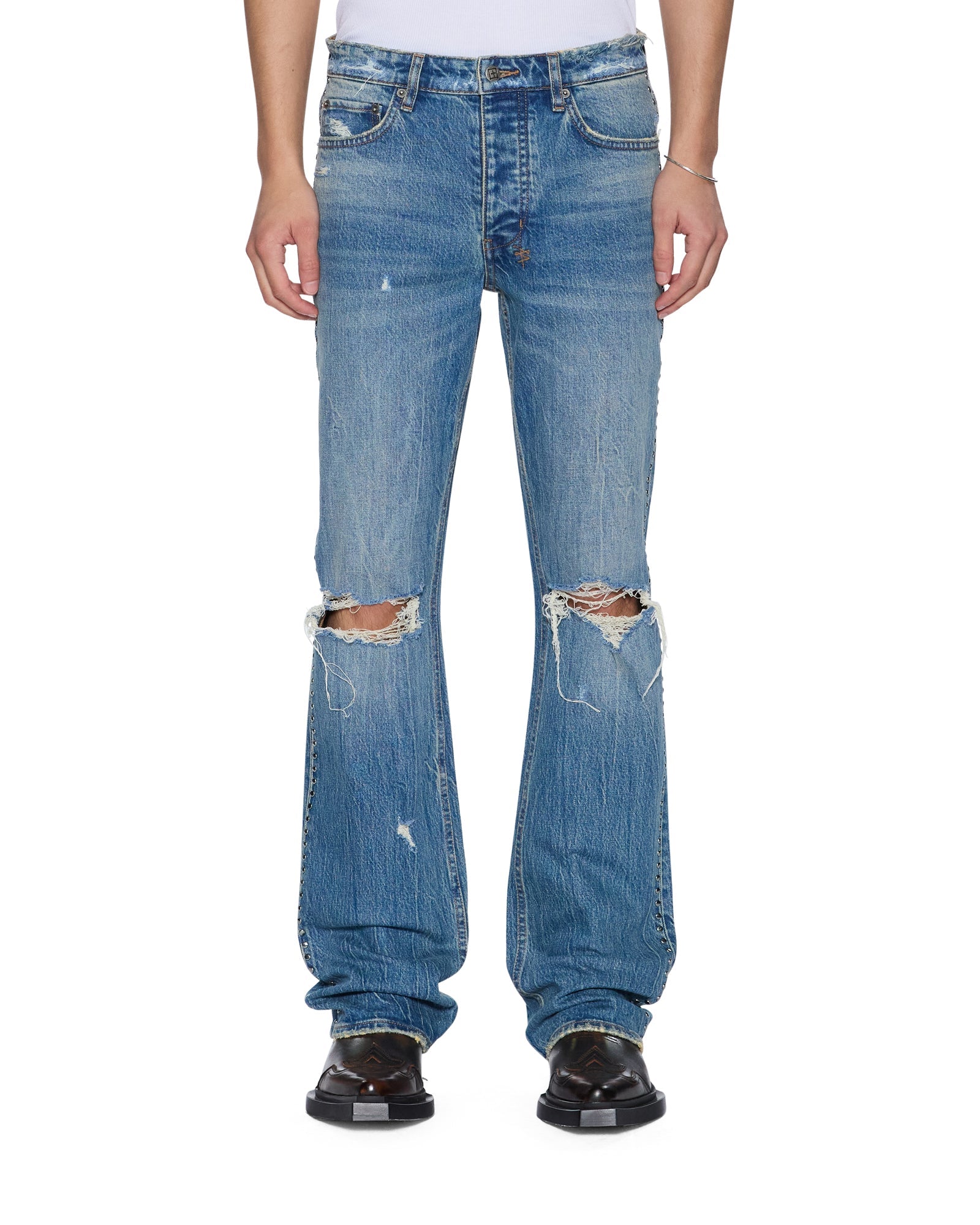 MENS  BRONKO TEXAS BLUE STUDDED BOOTCUT DENIM JEANS