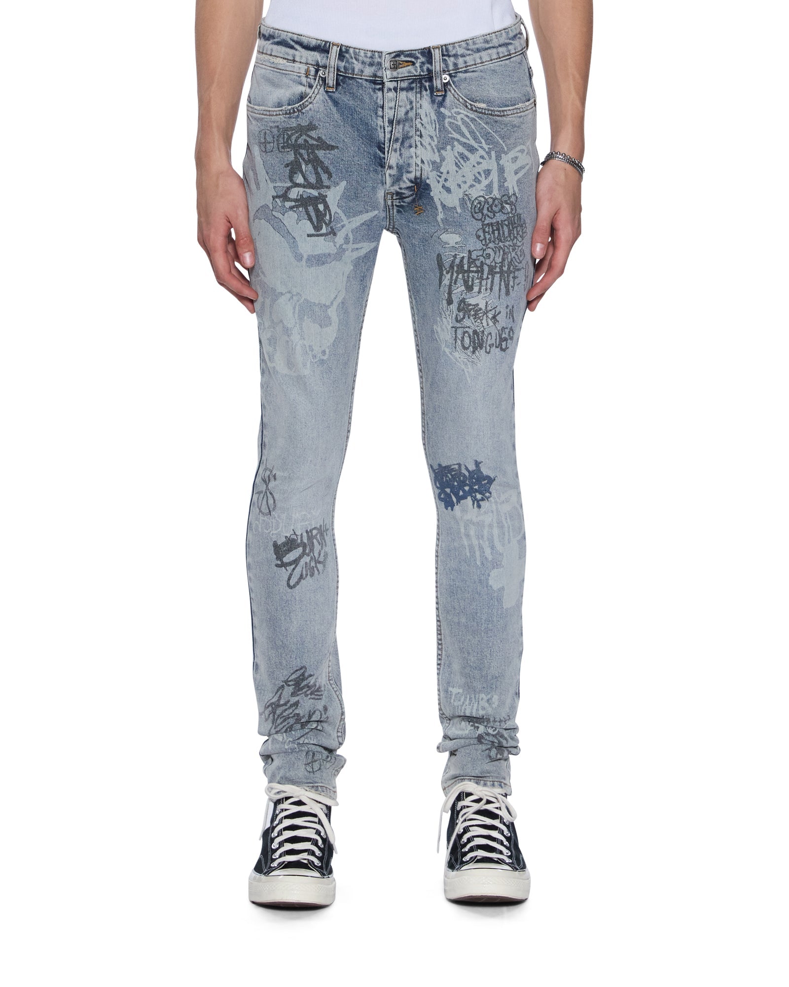 MENS  VAN WINKLE ROGUE BLUE GRAFFITI SKINNY DENIM JEANS