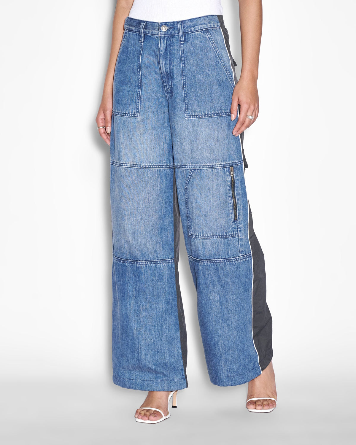 Womens Baggy Jean Nylon Splice Relaxed Denim Jeans - Multi Colour