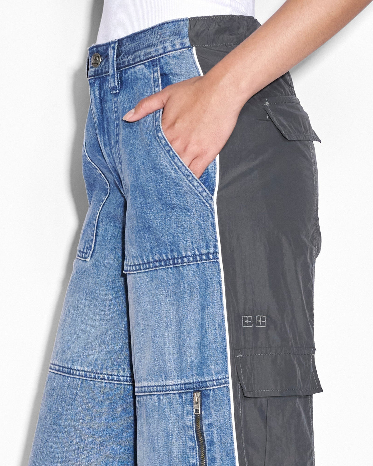 Womens Baggy Jean Nylon Splice Relaxed Denim Jeans - Multi Colour