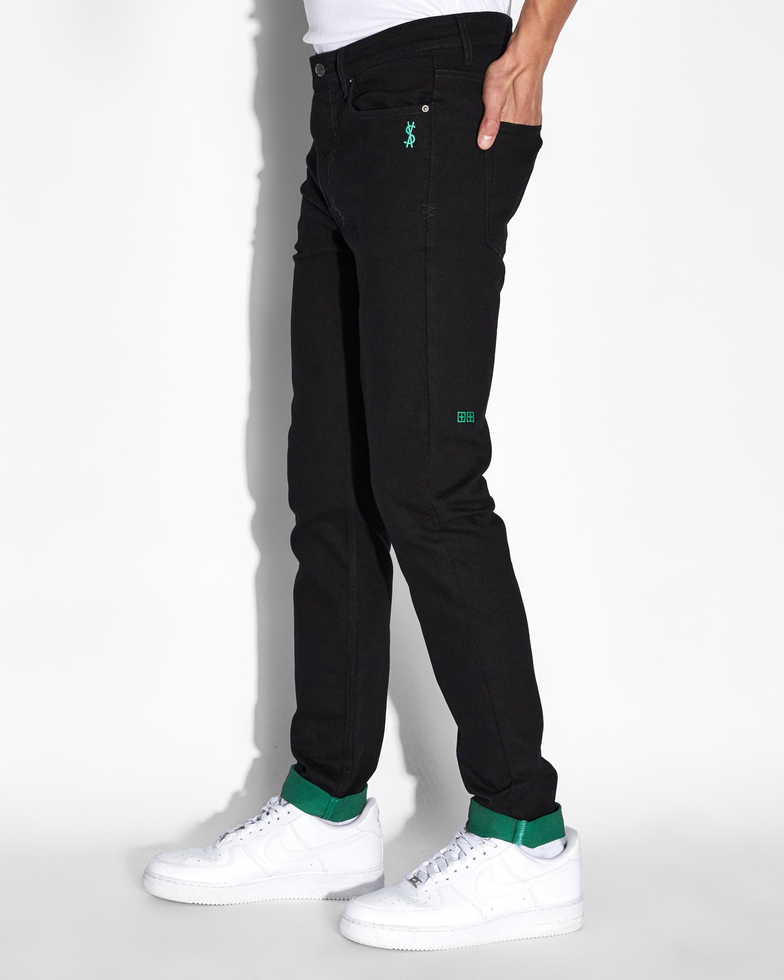 MENS  CHITCH ROLL UP GREEN SLIM DENIM JEANS