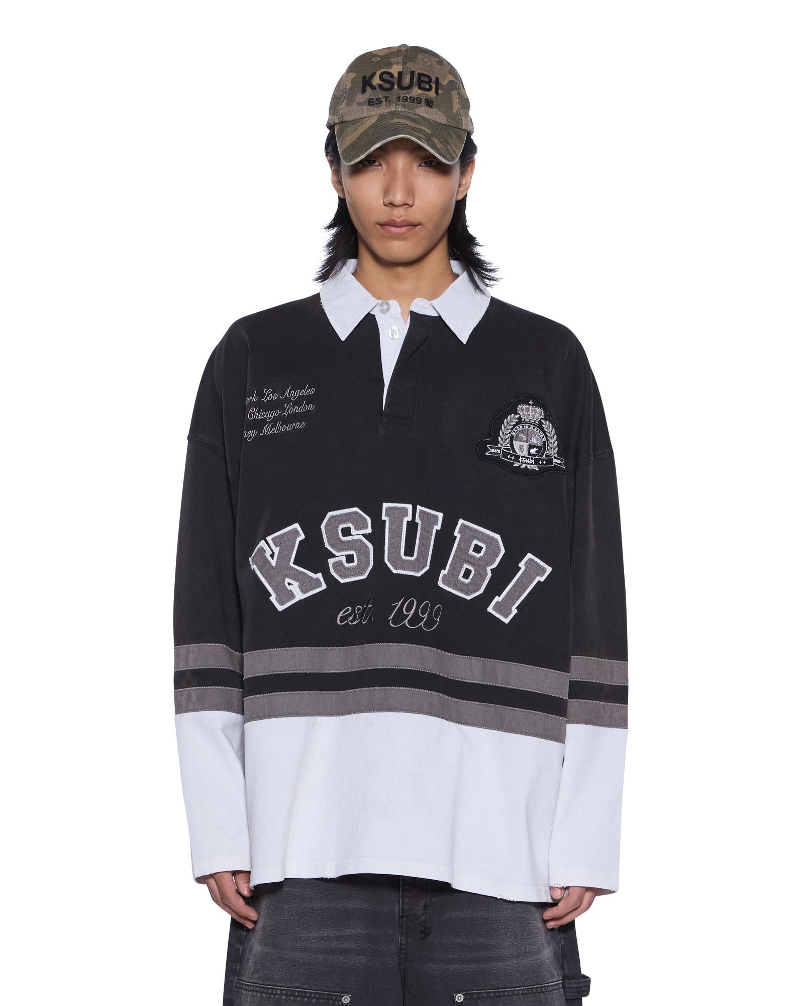 MENS  DUKE RUGBY LS JERSEY BLACK OVERSIZED FASHION TOPS