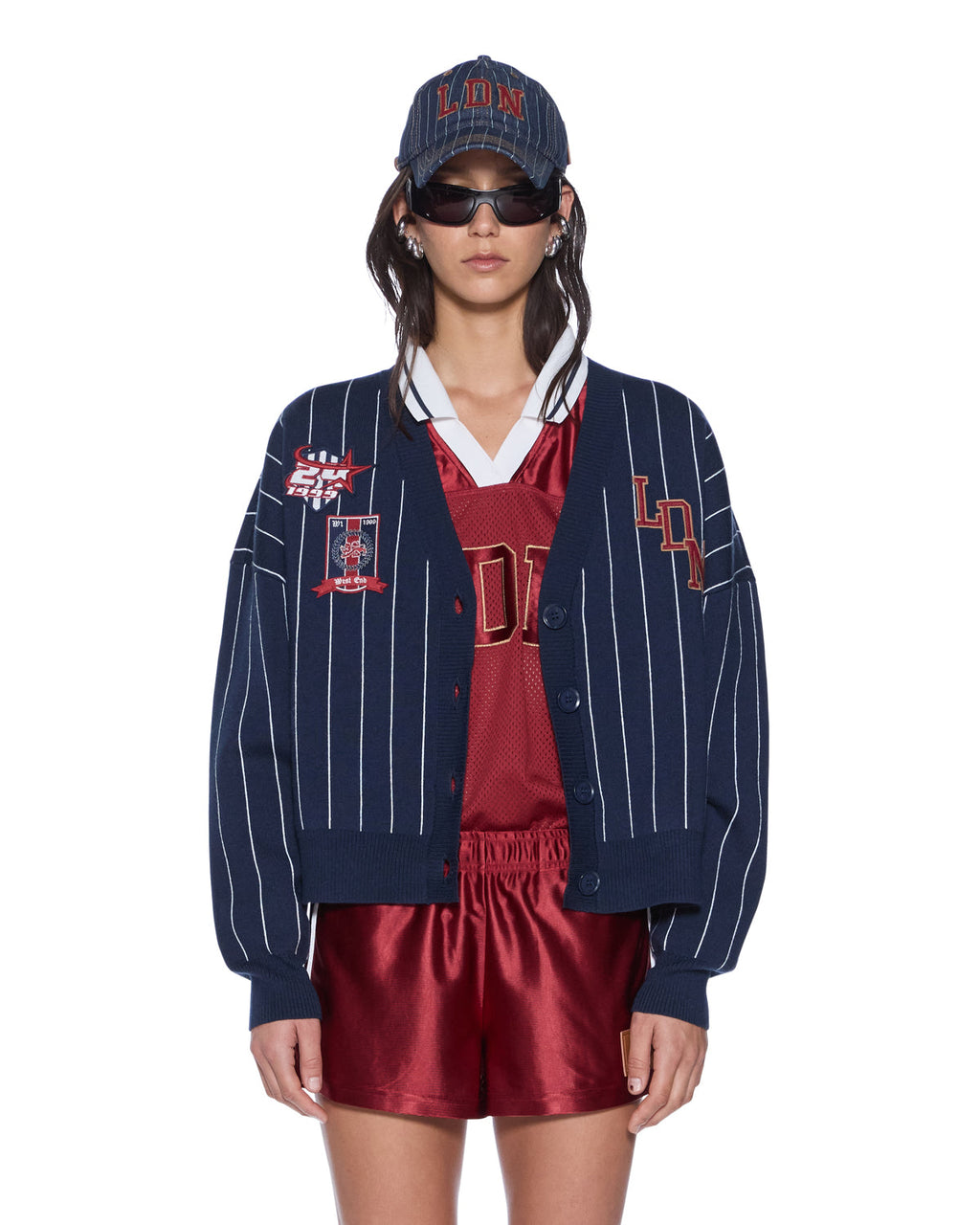 WOMENS DEAN CARDIGAN NAVY PINSTRIPE KNITWEAR