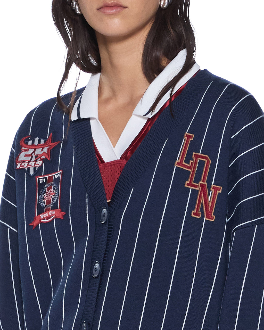 WOMENS DEAN CARDIGAN NAVY PINSTRIPE KNITWEAR