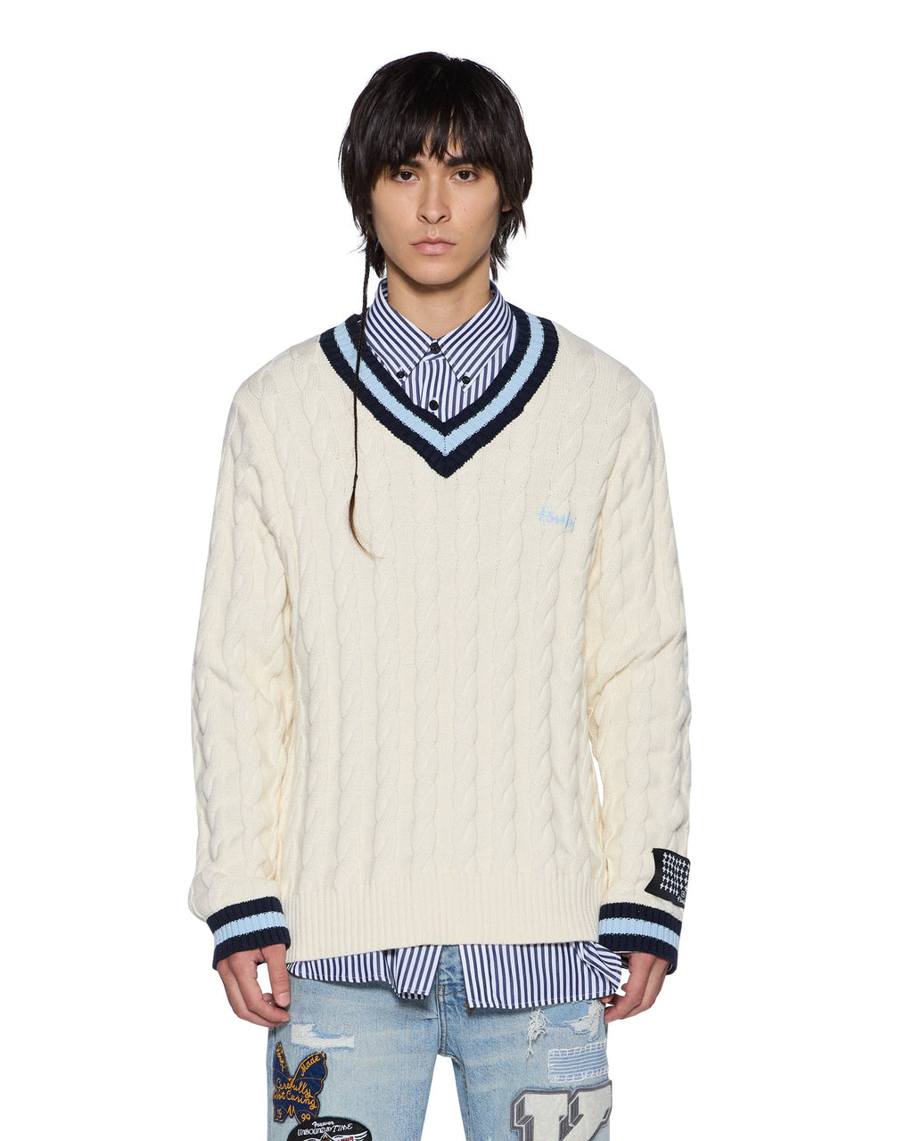 Mens Princeton Cable Knit V Neck Vintage White Boxy Knitwear - White