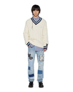 Mens Princeton Cable Knit V Neck Vintage White Boxy Knitwear - White