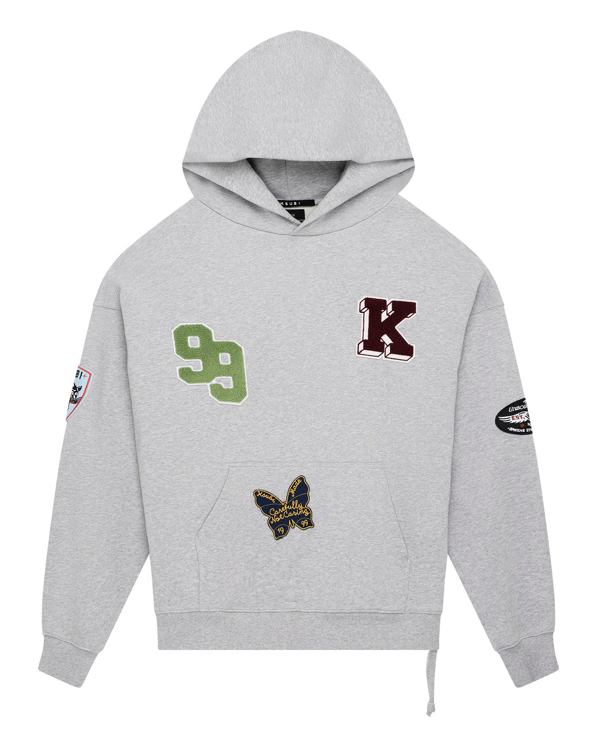 MENS PATCHED EKCESS HOODIE GREY MARLE FLEECE