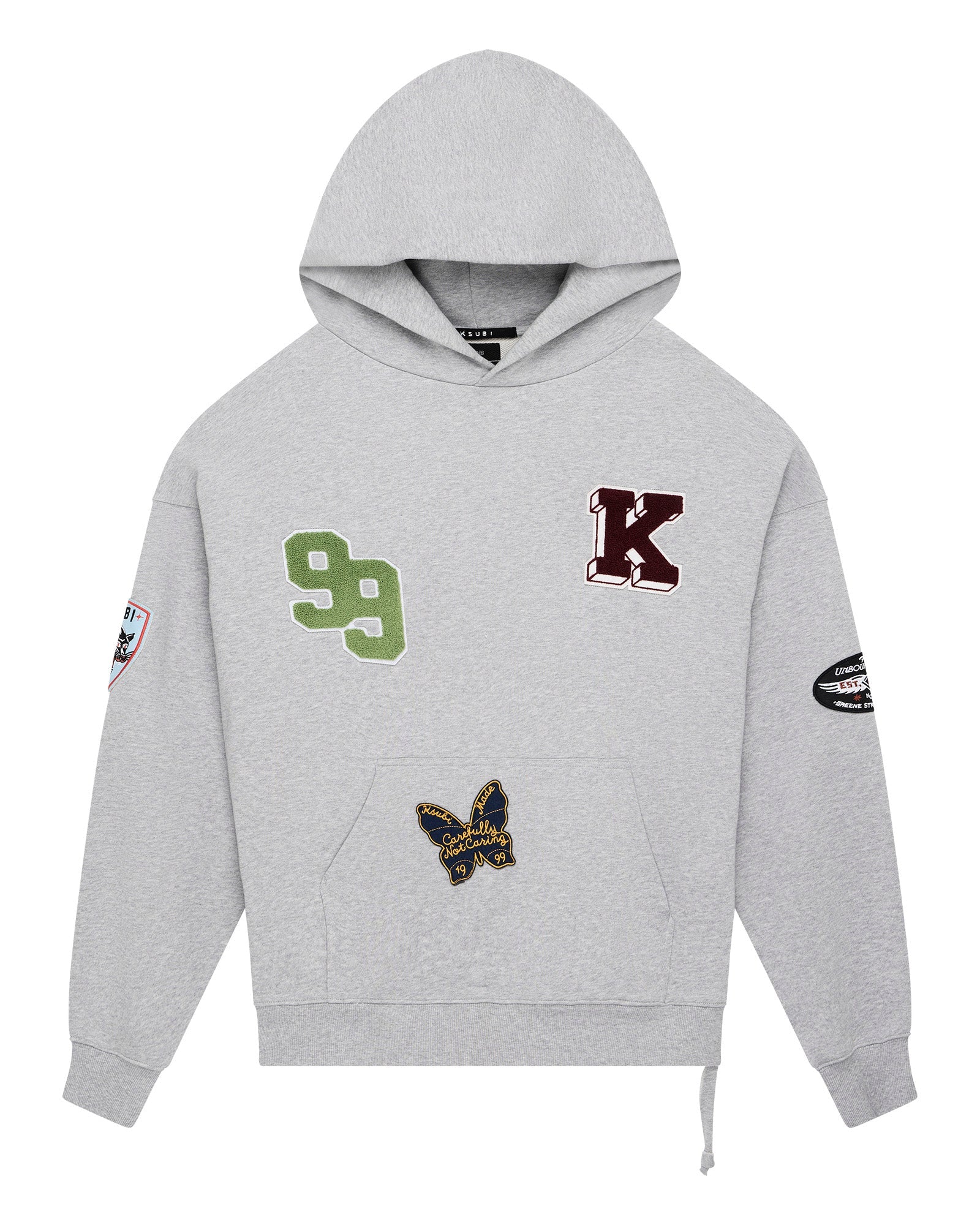 MENS  PATCHED EKCESS HOODIE GREY MARLE OVERSIZED FLEECE