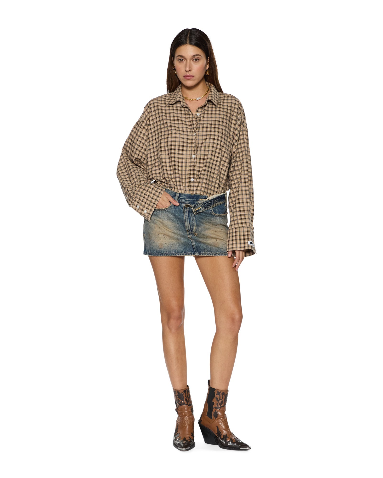 WOMENS  ASTRA LS SHIRT TAN PLAID OVERSIZED SHIRTS