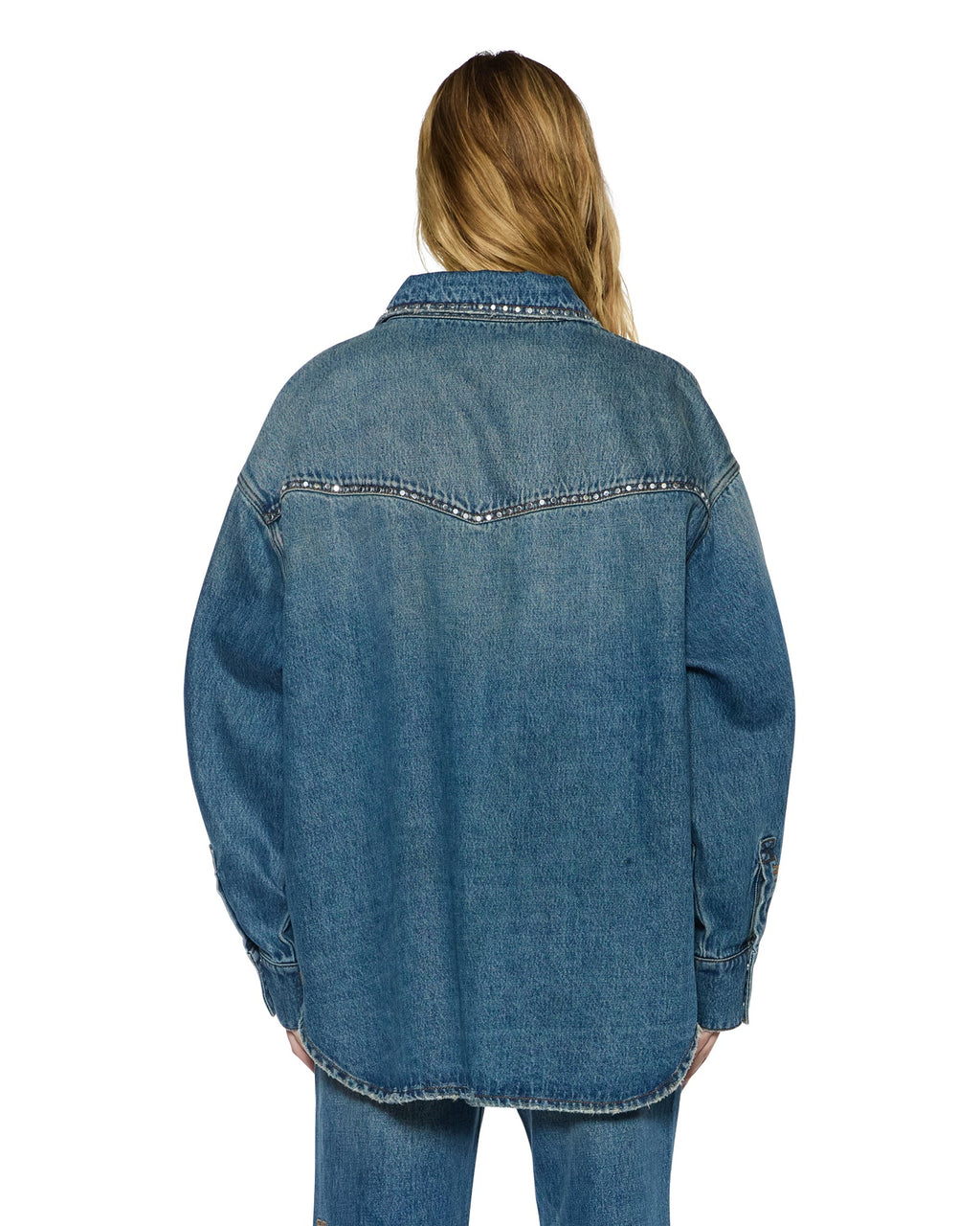 WOMENS OVERSIZED LS SHIRT TEXAS BLUE STUDDED SHIRTS