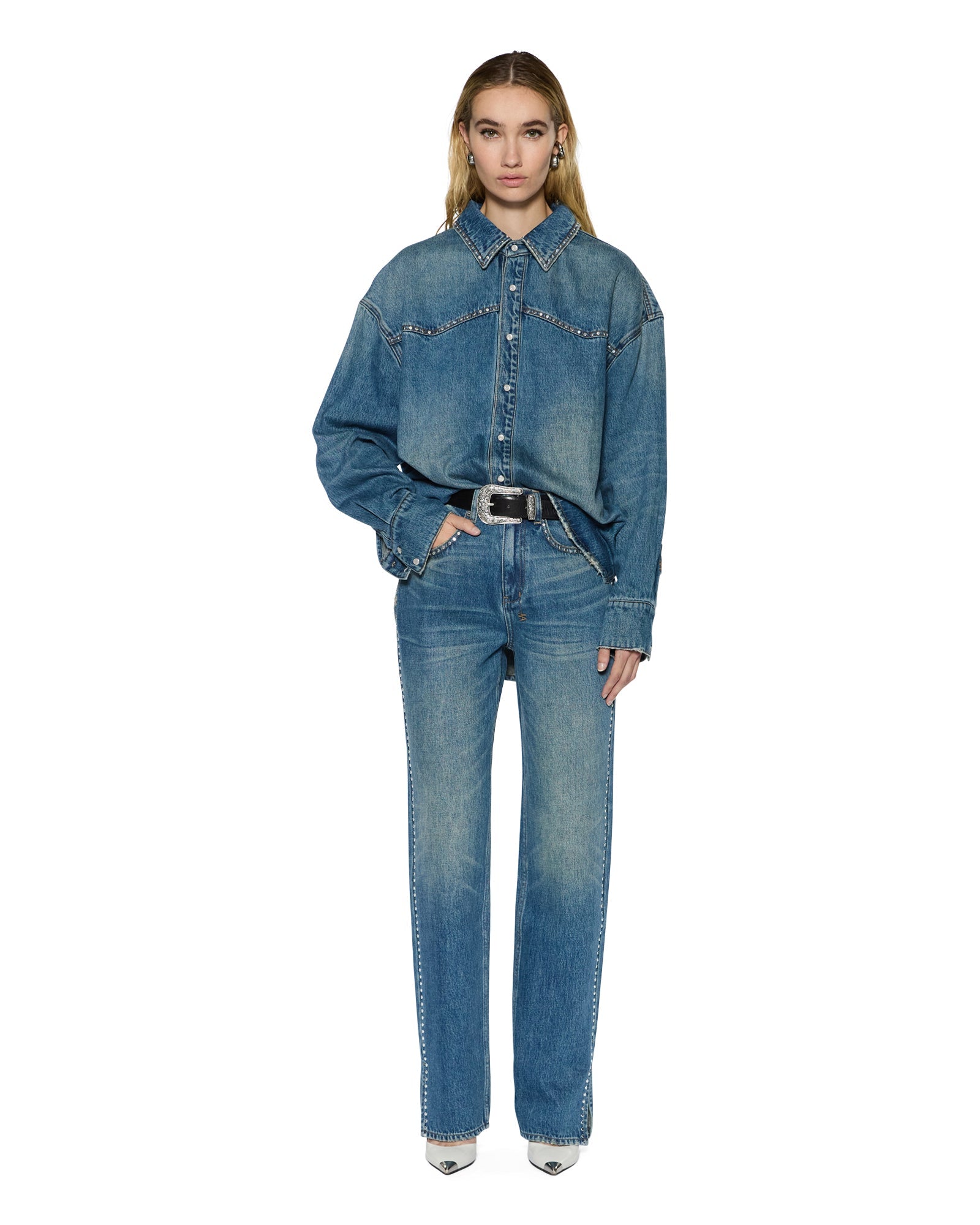 WOMENS PLAYBACK TEXAS BLUE STUDDED RELAXED DENIM JEANS