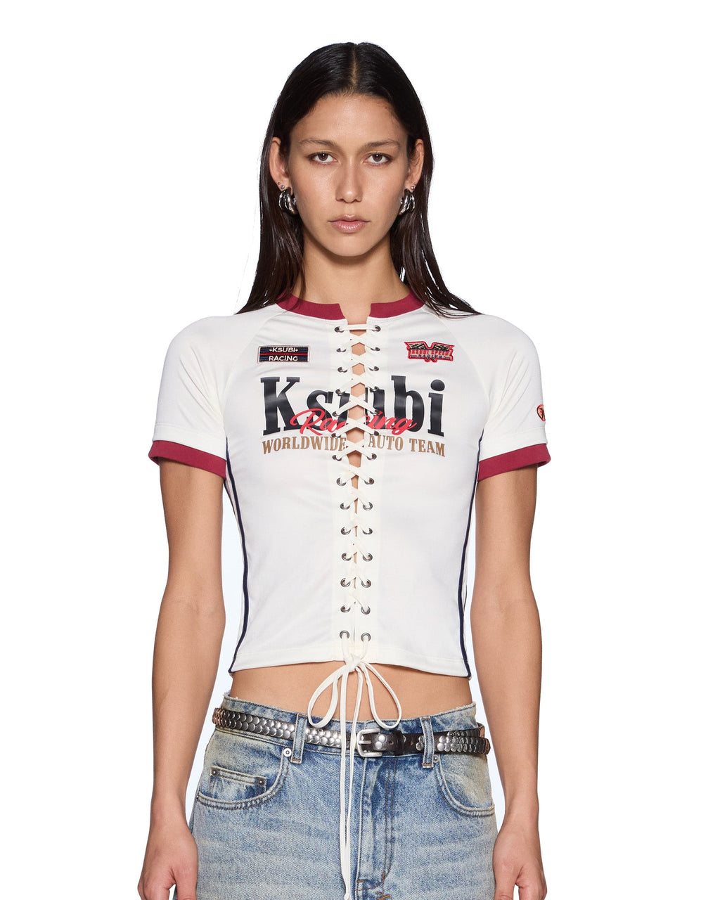 Womens Raceway Shrunken Jersey Off White Regular Fashion Tops - Beige