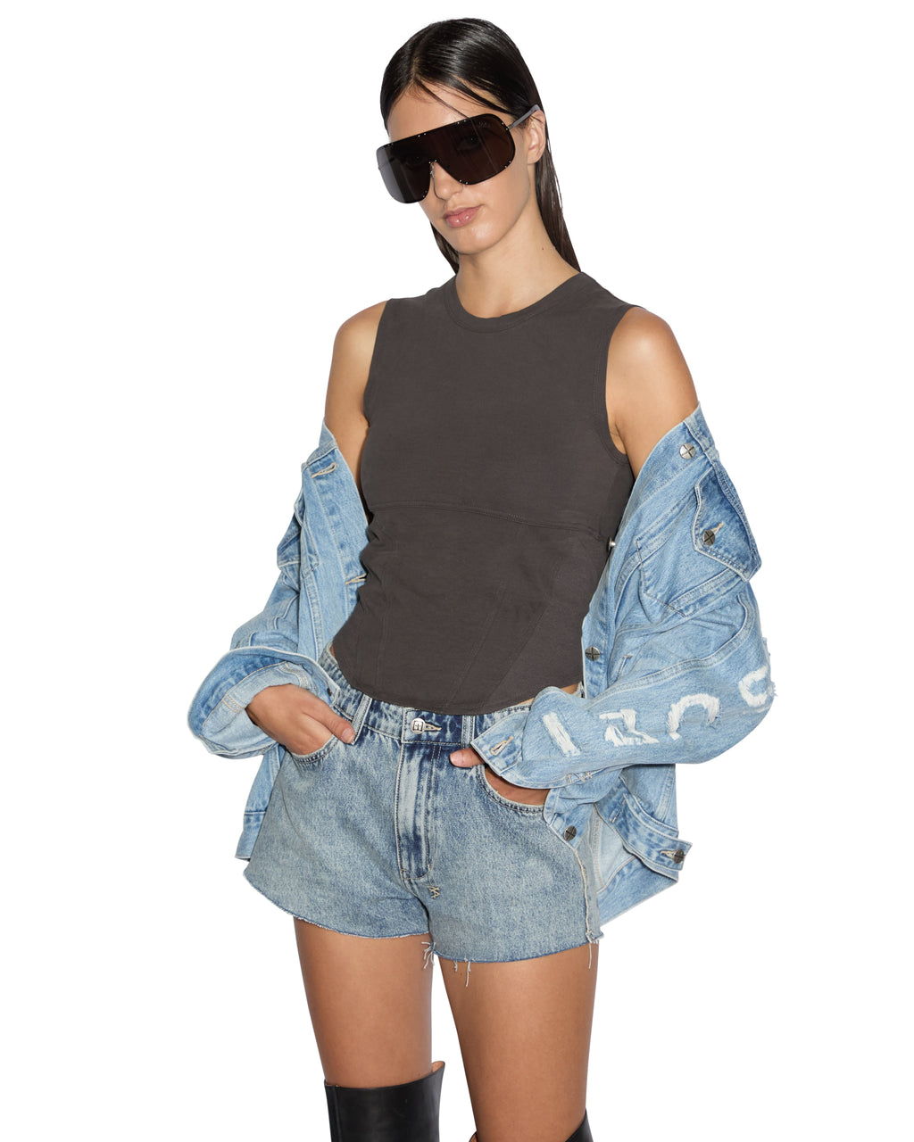 Womens Staged Tank Washed Black Fitted Tees - Black