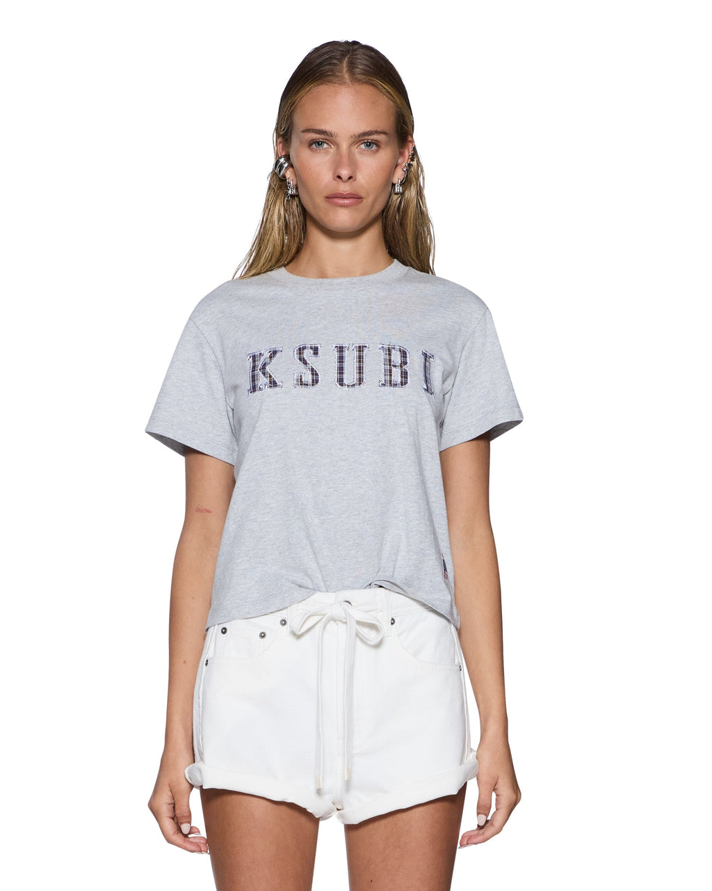 WOMENS KSUBI PLAID SHRUNKEN SS TEE GREY MARLE TEES