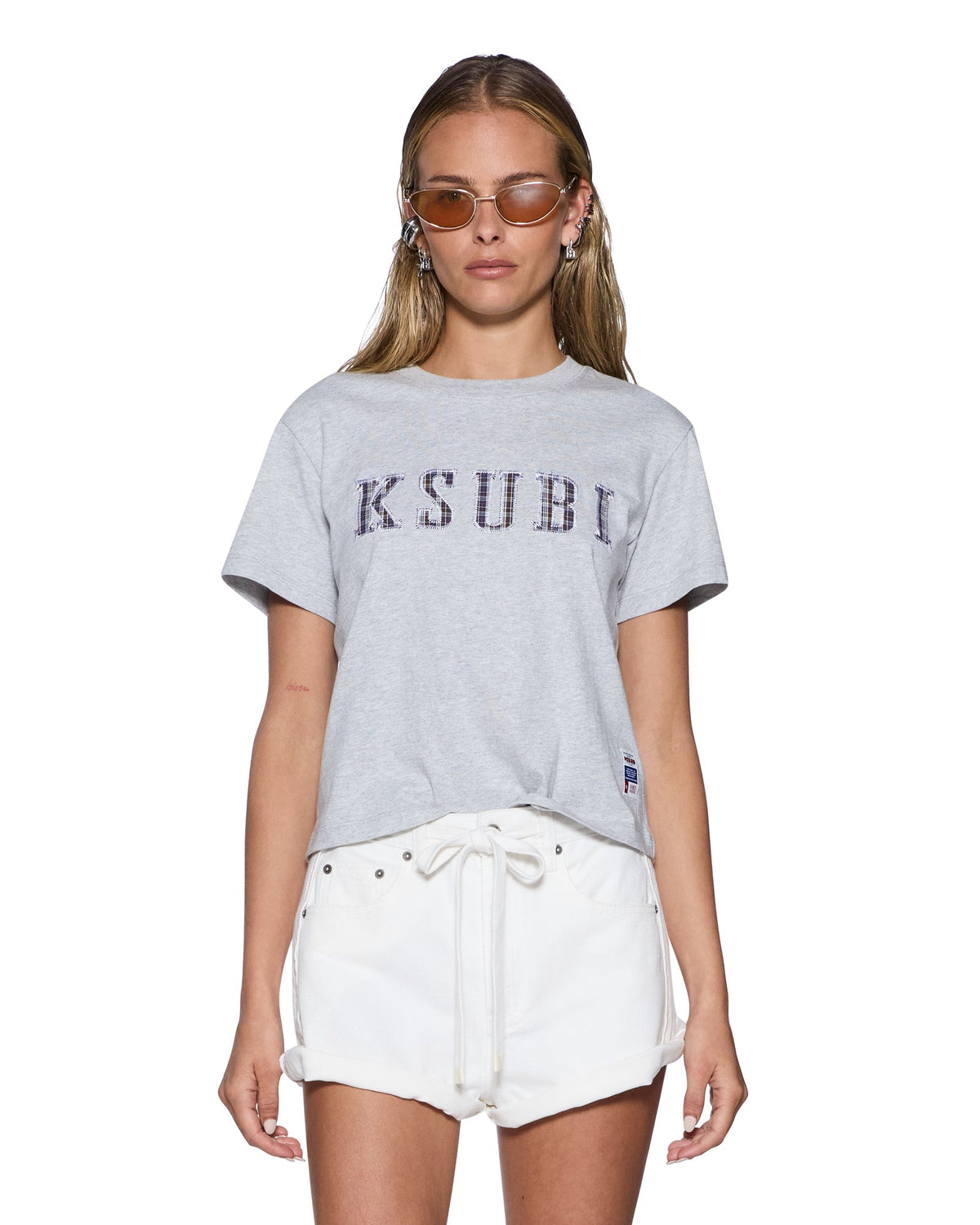 WOMENS KSUBI PLAID SHRUNKEN SS TEE GREY MARLE TEES