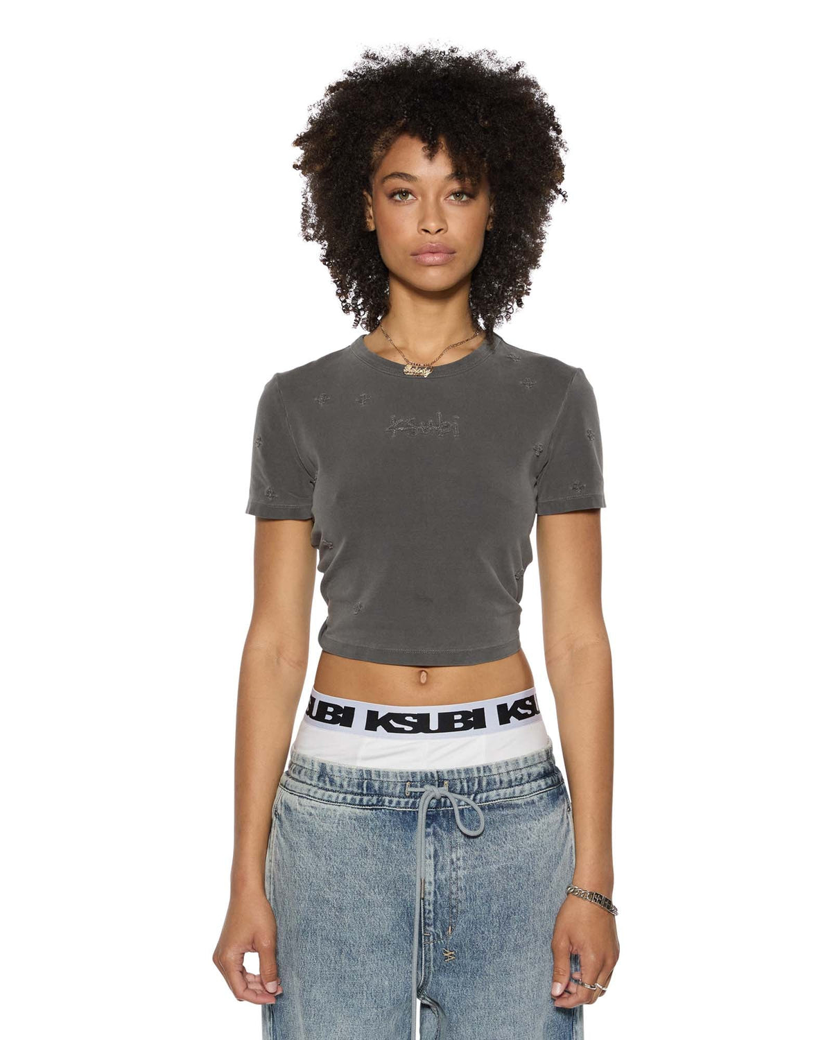 Womens 1999 Plus Baby Ss Tee Charcoal Fitted Tees - Grey