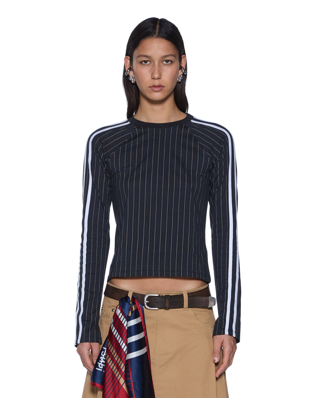 Womens Porter Ls Top Black Pinstripe Slim Fashion Tops - Black
