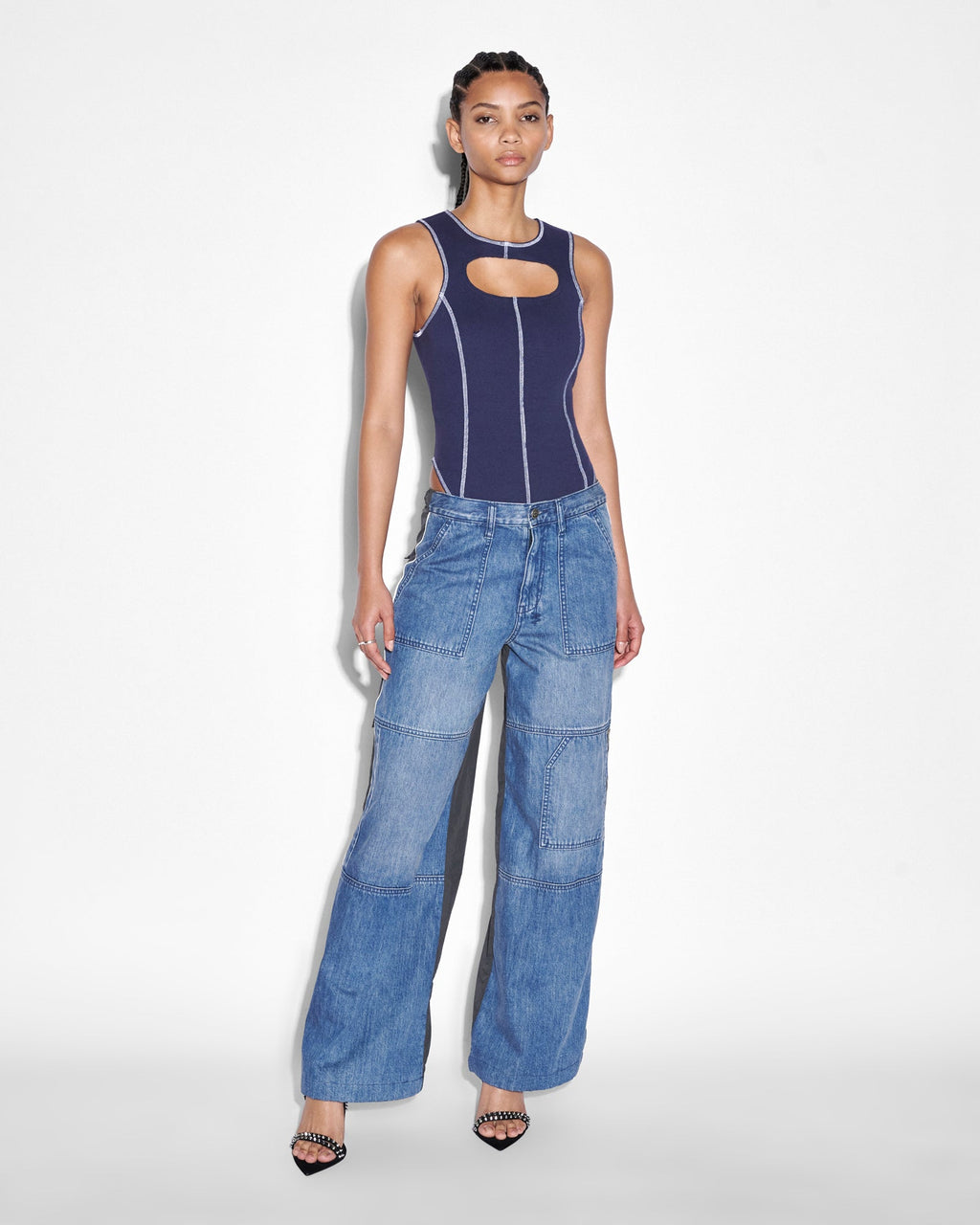 Womens Baggy Jean Nylon Splice Relaxed Denim Jeans - Multi Colour
