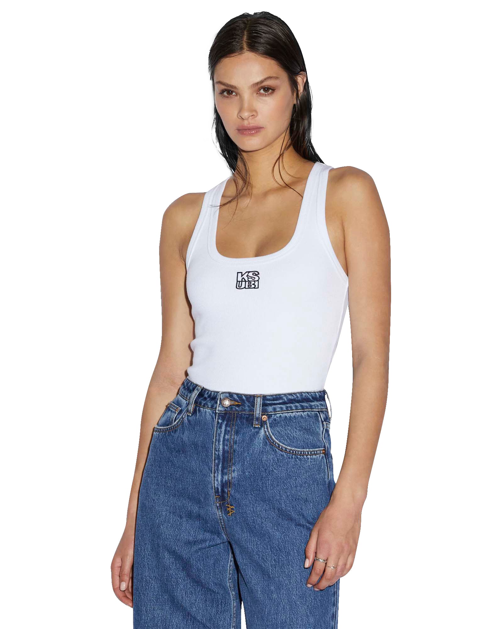 WOMENS STACKED ORIGIN TANK WHITE FITTED FASHION TOPS