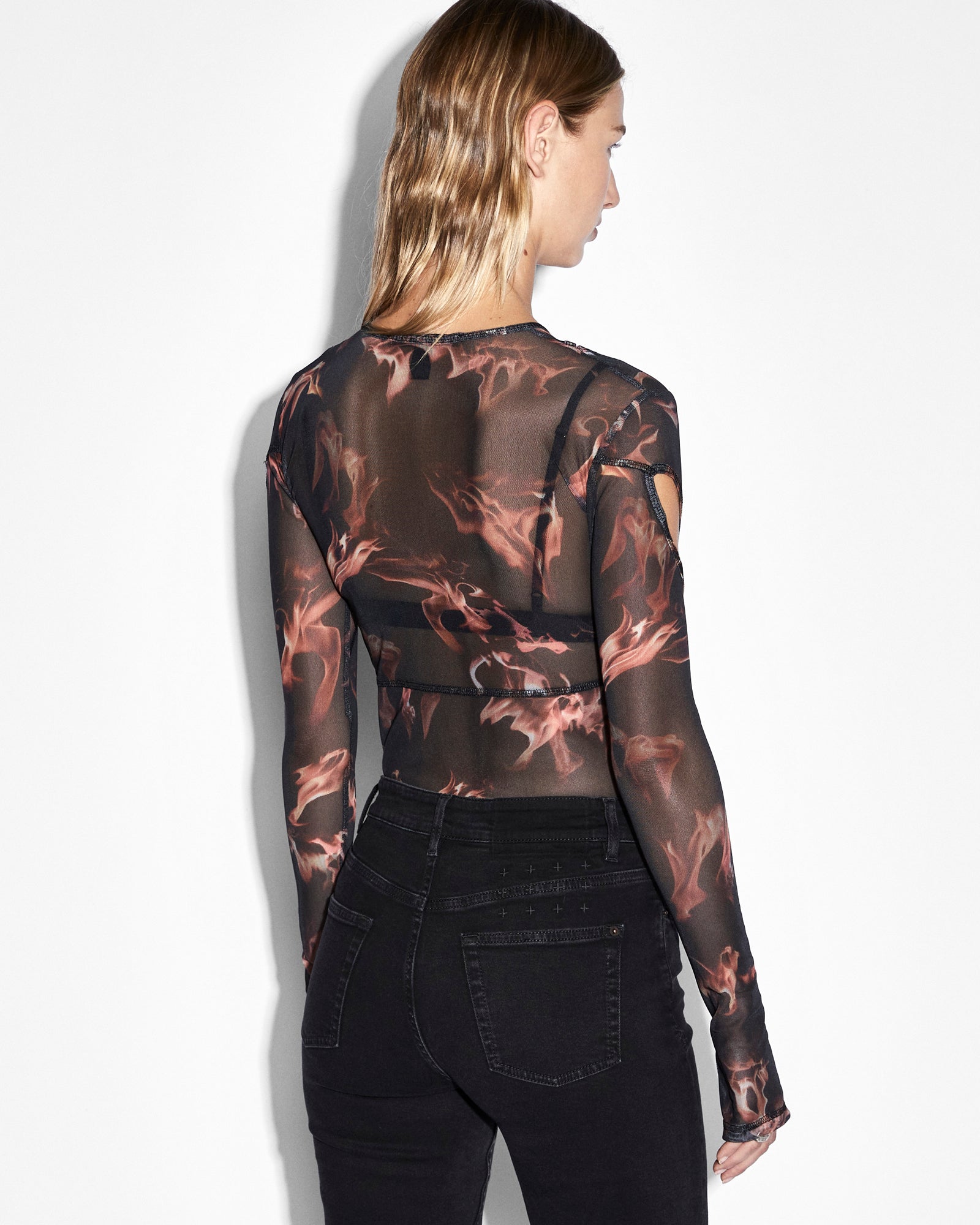 WOMENS  VOID MESH LS TOP CONSUMED FITTED FASHION TOPS