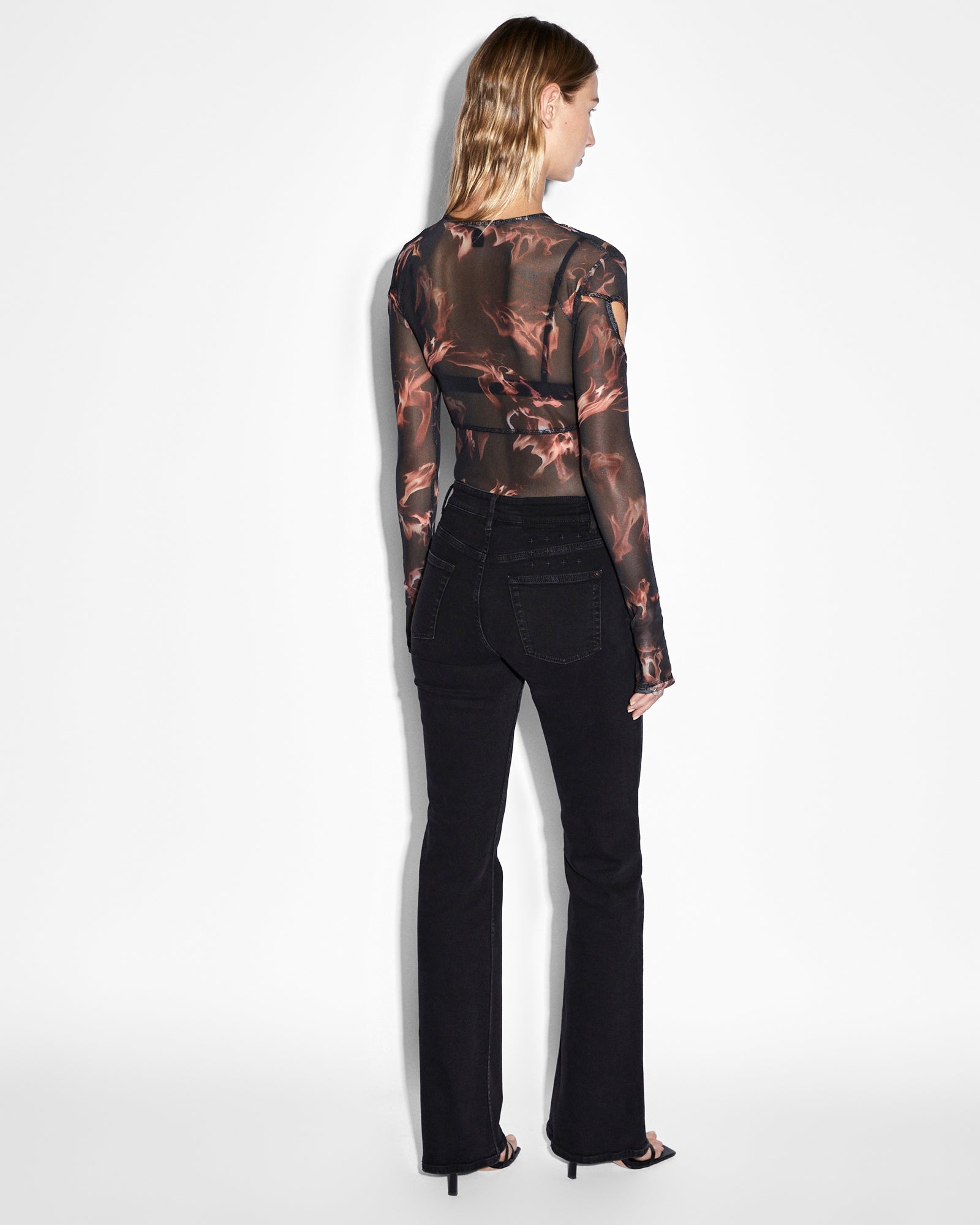 WOMENS  VOID MESH LS TOP CONSUMED FITTED FASHION TOPS