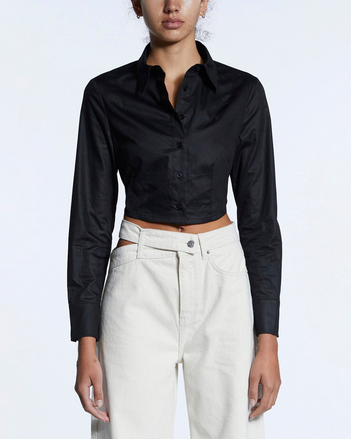 Womens Tucked Crop Shirt Black Fitted Shirts - Black