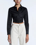 Womens Tucked Crop Shirt Black Fitted Shirts - Black