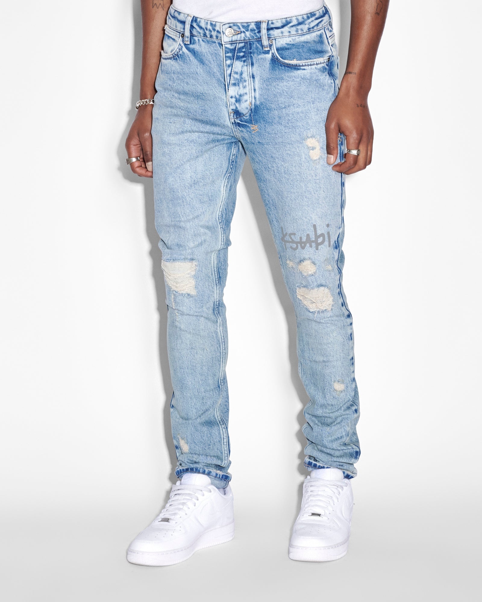 Mens Jeans Mid Blue Tapered Slim Washed Denim Rip & Repair Hampstead –  Bcouturelondon.ae